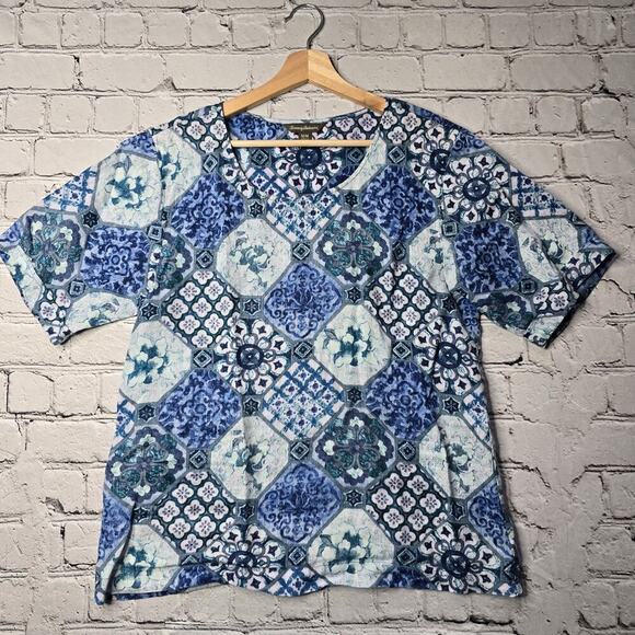 Tommy Bahama 100% Linen Blue Geometric Print Short Sleeve Blouse Size Medium